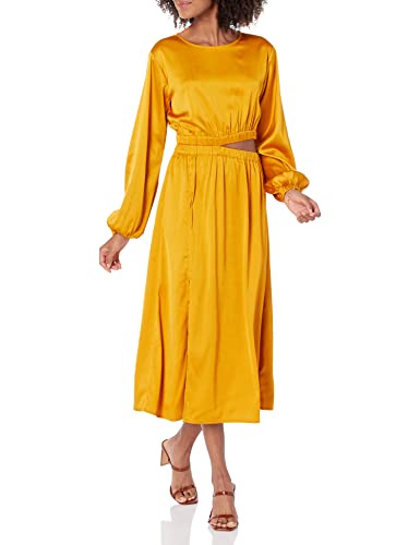 The Drop Midikleid für Damen, Jacob Seidig Langärmlig Diskreter Ausschnitt, Goldgelb, Größe S von The Drop