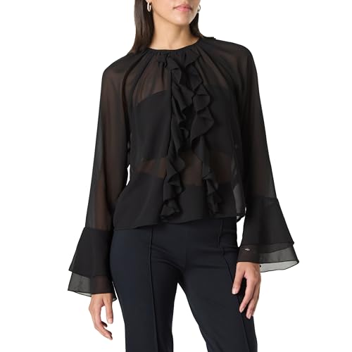 The Drop Mischa Sheer Cascading Ruffle Long Sleeve Romantic Blouse Blusen, Schwarz, L von The Drop