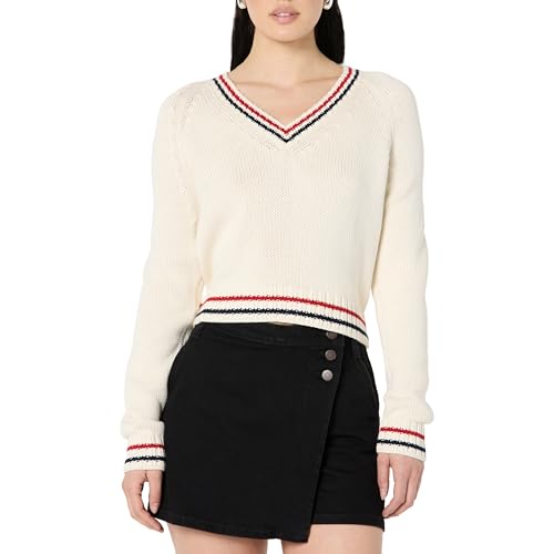 The Drop Montie V-Neck Cropped Pullover, Elfenbeinfarben mit mehrfarbigen, XS von The Drop