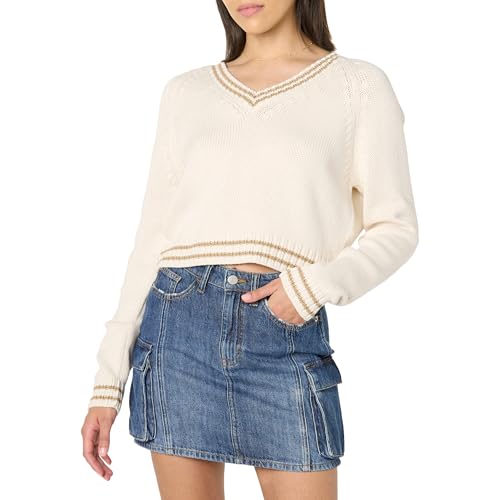 The Drop Montie V-Neck Cropped Pullover, Elfenbeinfarbene Streifen, 3XL Große Größen von The Drop