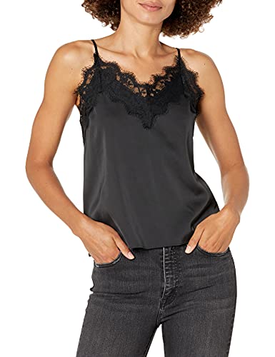 The Drop Damen Natalie Top mit Spitzenborte, V-Ausschnitt, schmale Träger, Schwarz, S von The Drop