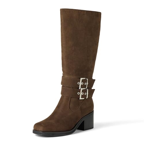 The Drop Sage Tall with Buckles Biker Boots, Braunes Microsuede, 37 EU von The Drop