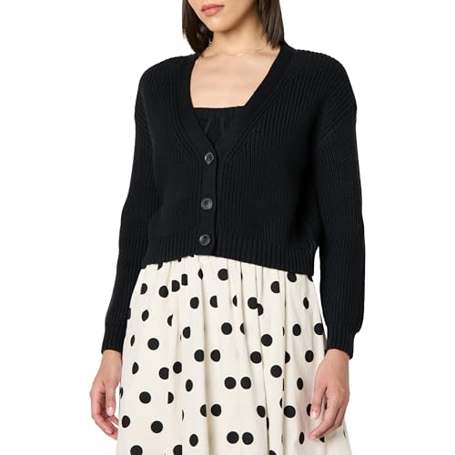 The Drop Sari Cropped Button-Front Cardigan Strickjacken, Schwarz, XS von The Drop