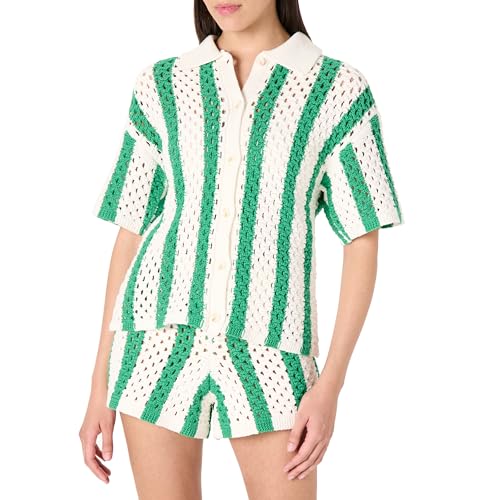 The Drop Tatum Crochet Splitneck Polo Top Blusen, Smaragd-Streifen, S von The Drop