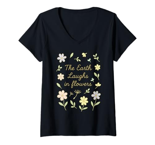 Damen Minimal Nature Zitat Erde lacht in Blumen T-Shirt mit V-Ausschnitt von The Earth Laughs in Flowers Inspirational Nature