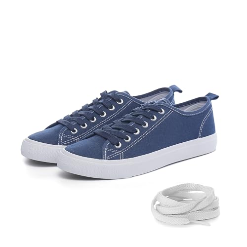 Canvas-Schuhe für Damen, lässig, niedrig, modisch, Tennisschuhe für Damen, mit extra Schnürsenkeln, Marineblau, 38.5 EU von The Fashion Supply