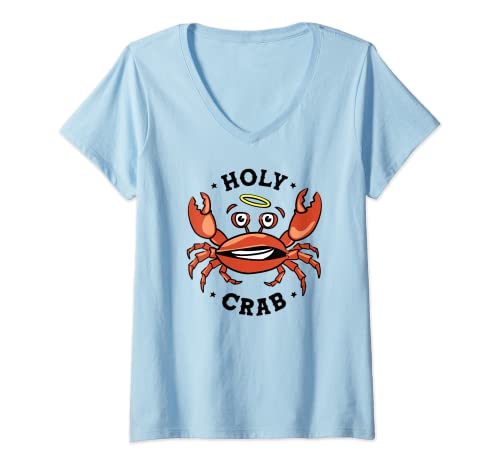 Damen Lustige Holy Crab Crap Krabbe T-Shirt mit V-Ausschnitt von The Fisherman, the Sailor and the Blue Sea