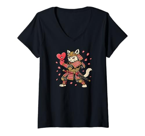 Damen Samurai Cat Heart Love Cute Japanese Valentine’s Day T-Shirt mit V-Ausschnitt Damen Samurai Cat Heart Love Cute Japanese Valentine’s Day T-Shirt mit V-Ausschnitt von The French Paparazzi