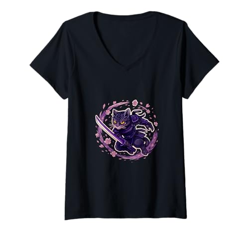 Damen Samurai Cat Sakura Warrior T-Shirt mit V-Ausschnitt Damen Samurai Cat Sakura Warrior T-Shirt mit V-Ausschnitt von The French Paparazzi