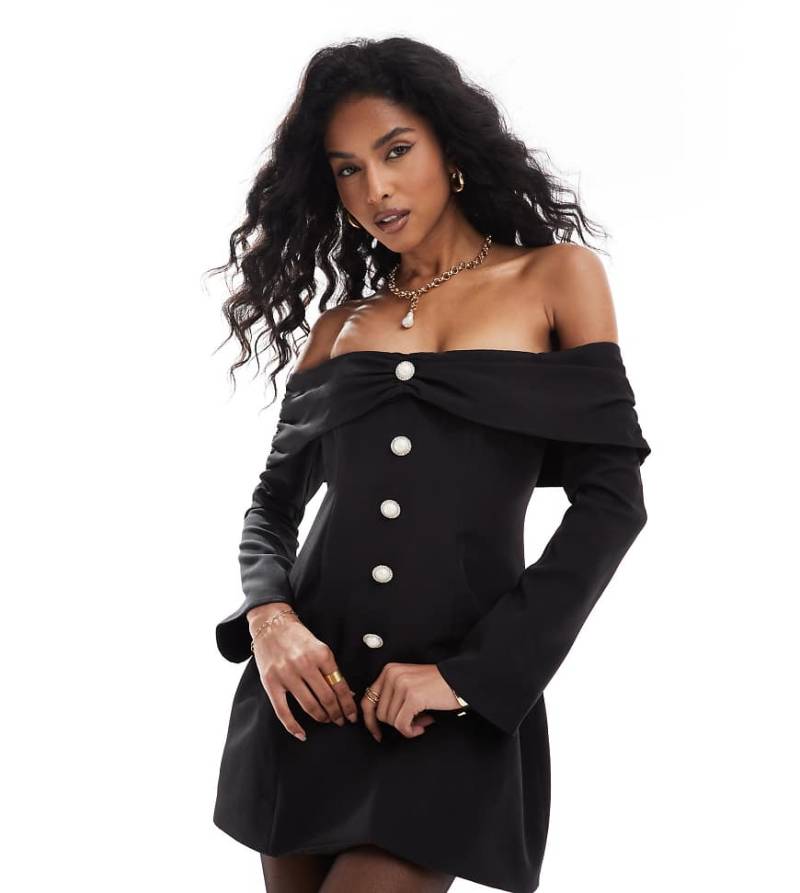 The Frolic Exklusiv - Elegantes, schulterfreies Minikleid in Schwarz mit ausgestellten Ärmeln und Zierperlenknöpfen von The Frolic