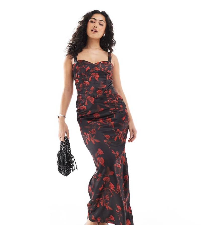 The Frolic Exklusiv - Bodycon-Maxikleid aus Satin in Schwarz mit Rosenmuster und Korsettdetail-Bunt von The Frolic