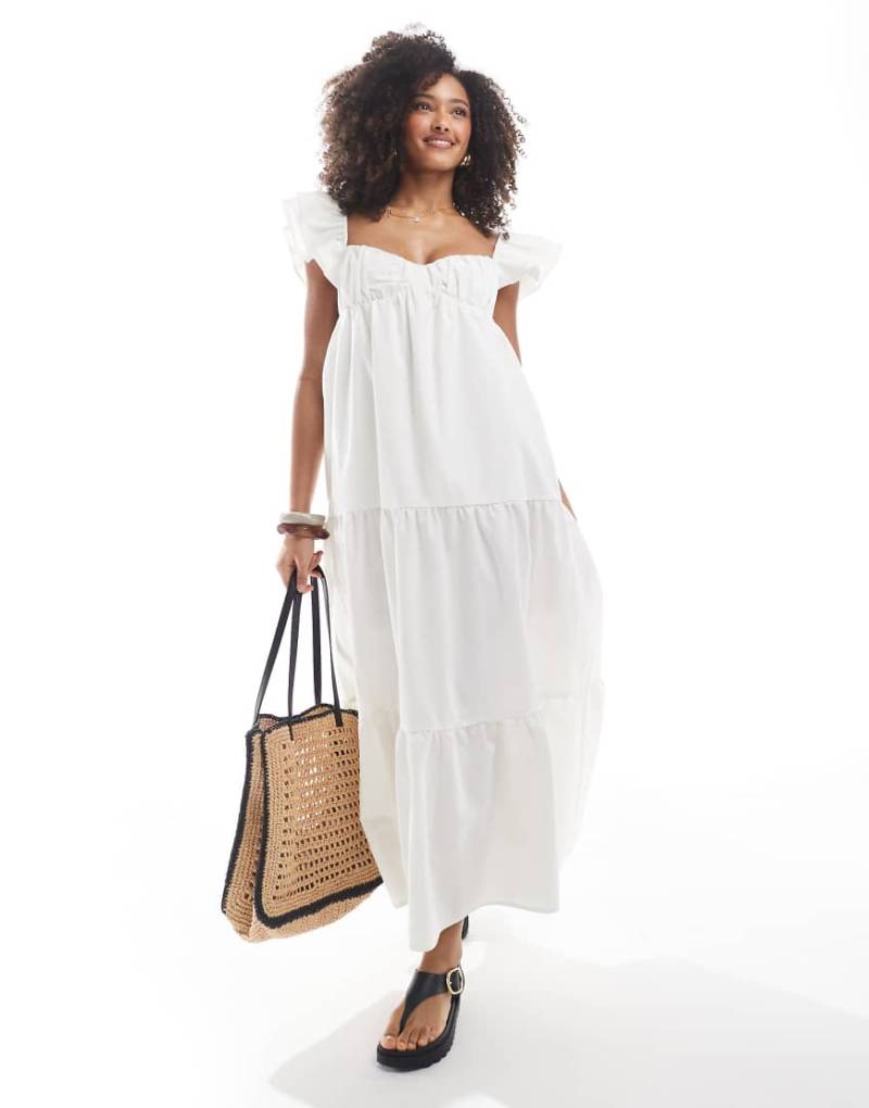 The Frolic Exklusiv - Gestuftes Leinenmix-Maxikleid in Creme mit Rüschen und Bindedetail am Rücken-Weiß von The Frolic