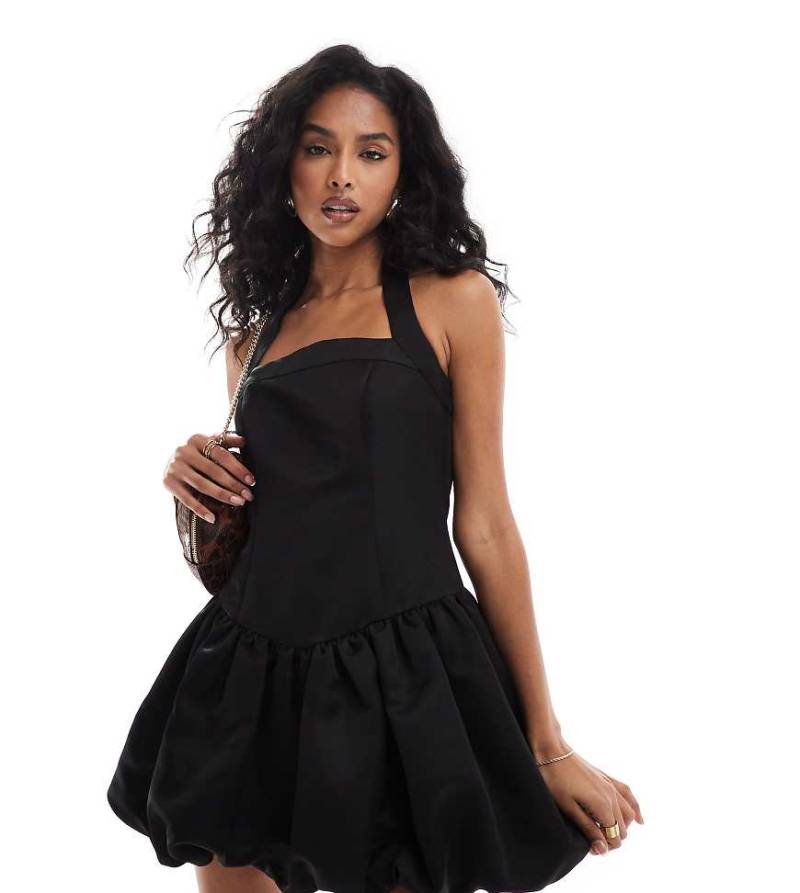 The Frolic Exklusiv - Neckholder-Minikleid aus schwerem Satin in Schwarz mit Ballonsaum von The Frolic