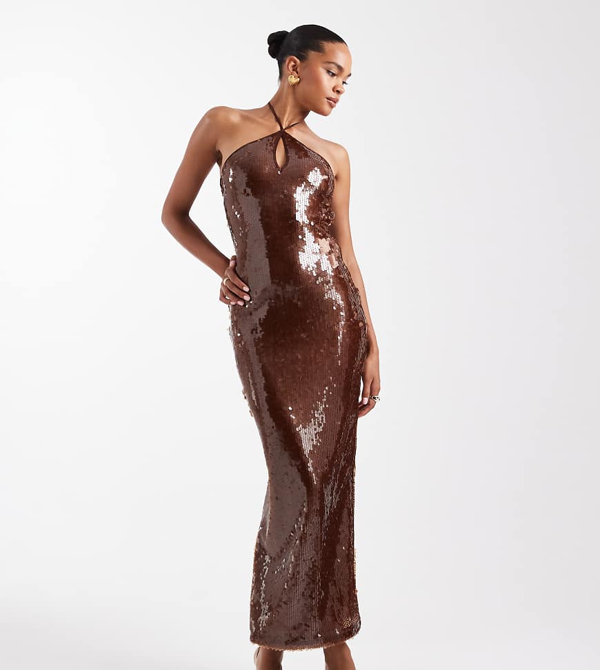 The Frolic Exklusiv - Maxikleid in Bronze mit vorne überkreuztem Neckholder-Brown von The Frolic
