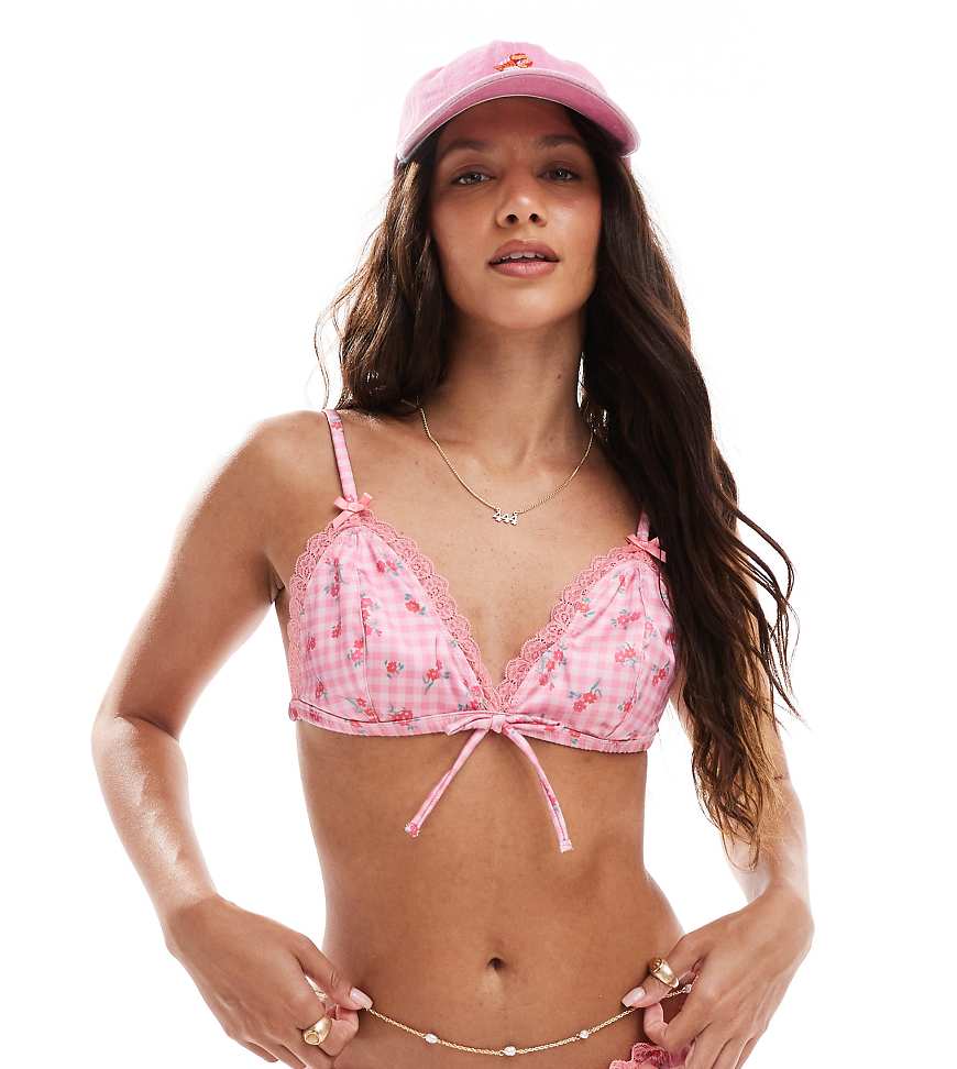 The Frolic Exklusiv - Vorne gebundenes Bustier aus Satin in Rosa mit Spitzenborte und Vichykaro-Blumenmuster, Kombiteil The Frolic Exklusiv - Vorne gebundenes Bustier aus Satin in Rosa mit Spitzenborte und Vichykaro-Blumenmuster, Kombiteil von The Frolic
