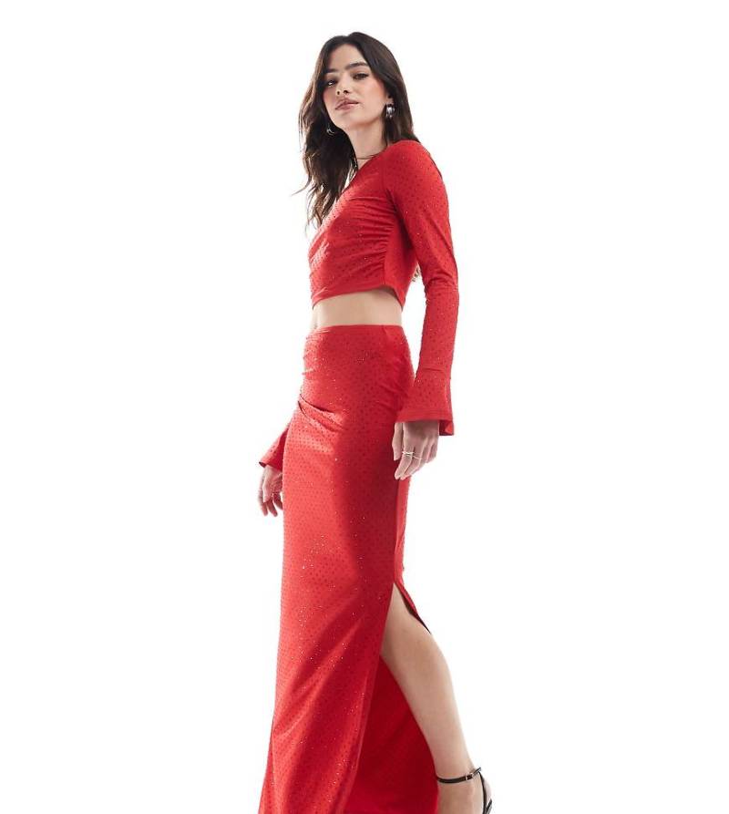 The Frolic - Exklusiver Maxirock in Rot mit Strassbesatz und geradem Schnitt, Kombiteil von The Frolic