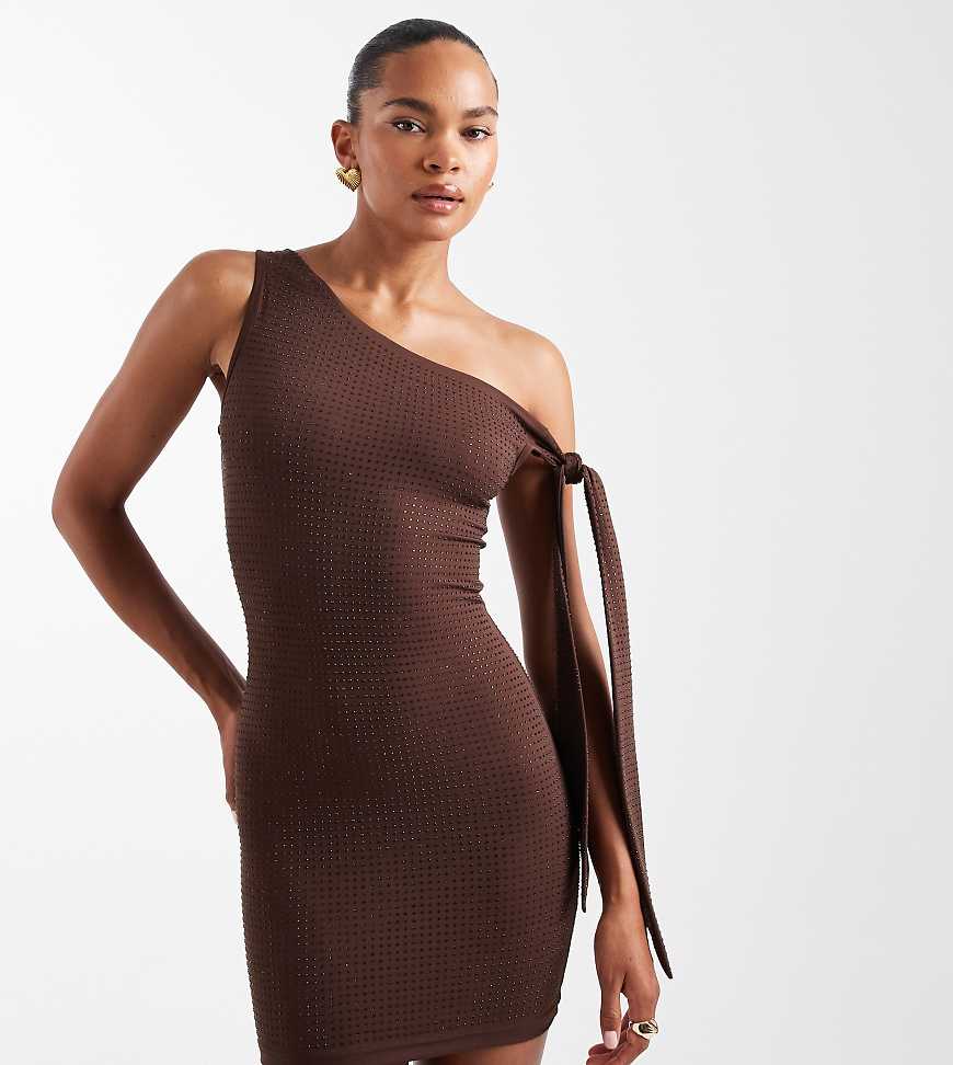The Frolic - Exklusives, figurbetontes, schulterfreies Minikleid in Schokobraun mit Strass- und Bindedetail-Brown von The Frolic