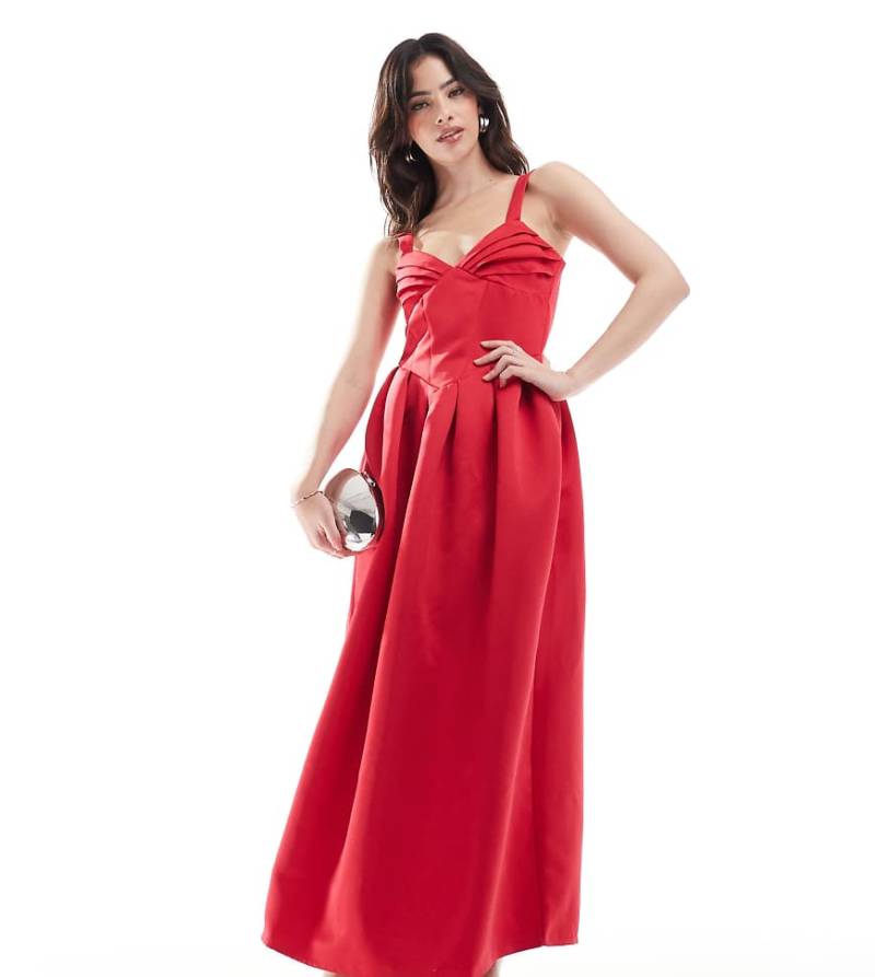 The Frolic - Exklusives Maxi-Trägerkleid aus schwerem Satin in Rot mit Korsettdetail von The Frolic