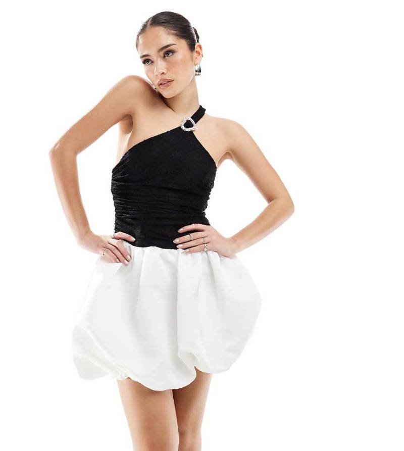 The Frolic - Exklusives Minikleid in Schwarz und Cremeweiß mit One-Shoulder-Träger, Oberteil aus Spitze und farblich abgesetztem Ballonrock-Bunt von The Frolic