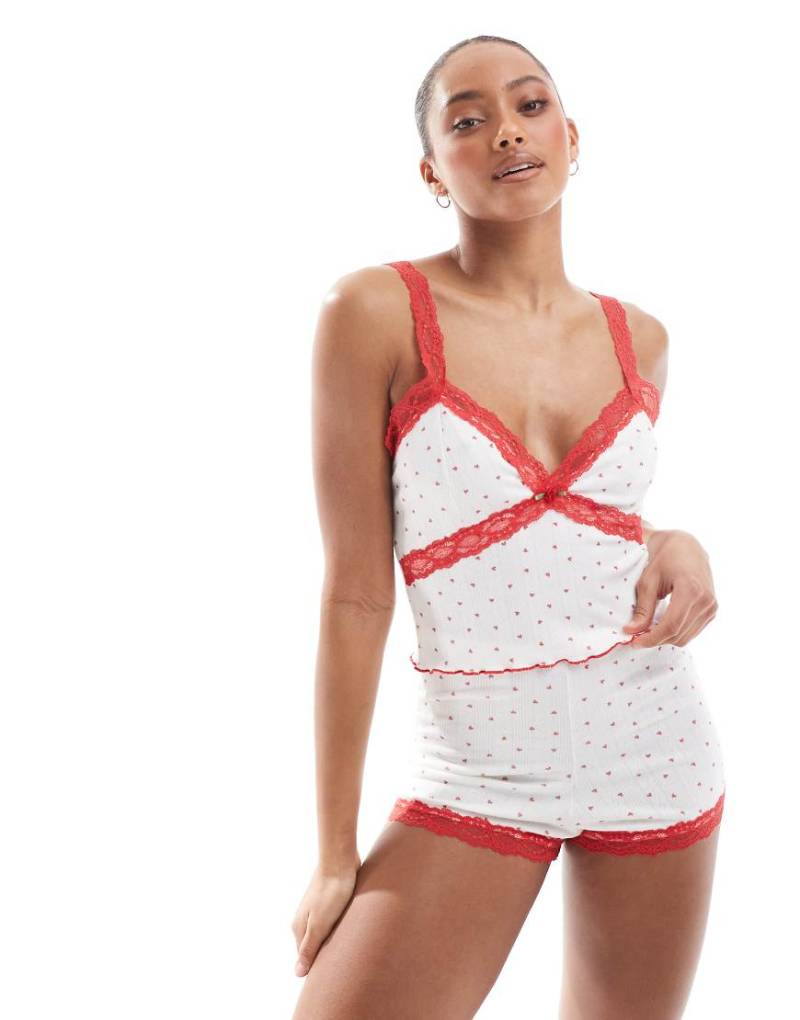 The Frolic - Exklusives Pyjama-Camisole aus Pointelle mit Herzmuster und roter Spitzenborte, Kombiteil-Bunt von The Frolic