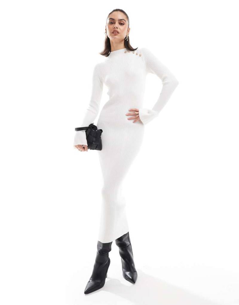 The Frolic Exklusiv - Hochgeschlossenes, gestricktes Midi-Pulloverkleid in Creme mit ausgestellten Ärmeln-Weiß von The Frolic