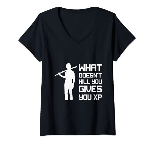 Damen What doesn't kill you gives you XP Funny Gamer T-Shirt RPG T-Shirt mit V-Ausschnitt von The Gallery London