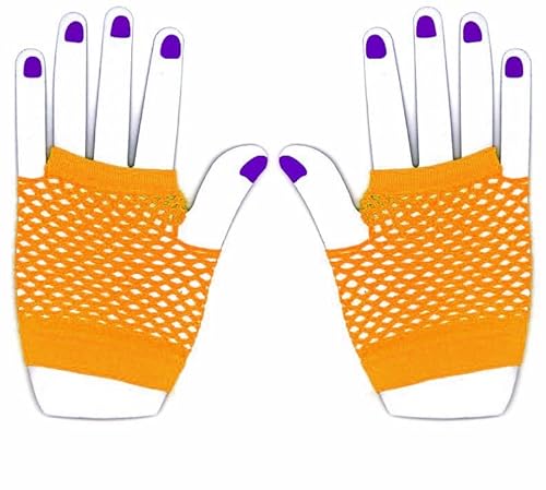 The Glowhouse 80er Jahre Neon Fischnetz Handschuhe Kurz und Lang Lebendige Farben, Kurzes Orange, Einheitsgröße von The Glowhouse