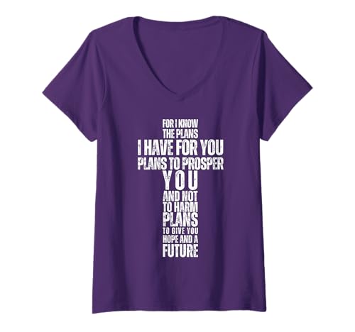 Damen Jeremia 29:11 Christlicher Bibelvers Kreuz Glaube Grafik T-Shirt mit V-Ausschnitt Damen Jeremia 29:11 Christlicher Bibelvers Kreuz Glaube Grafik T-Shirt mit V-Ausschnitt von Jeremia 29:11 Schriftgeschenk