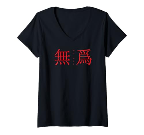 Damen Rotes Wu Wei T-Shirt (Non-Action auf traditionellem Chinesisch) T-Shirt mit V-Ausschnitt von The Good Picture Tee Shirts