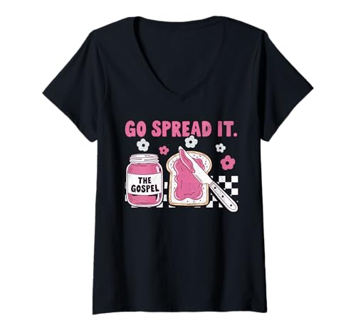 Damen Go Spread It The Gospel Lustiges Retro-Glas mit Blumenmuster, christlich T-Shirt mit V-Ausschnitt Damen Go Spread It The Gospel Lustiges Retro-Glas mit Blumenmuster, christlich T-Shirt mit V-Ausschnitt von The Gospel Go Spread Faithful Vibes Co.