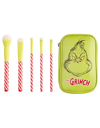 The Grinch Make-up-Pinselset für Frauen | Damen Grinch Charakter Schönheitspinsel mit Reißverschluss-Aufbewahrungstasche | Gestreifte gemischte Gesichtspinsel mit Pinselset für Erwachsene und Teenager von The Grinch