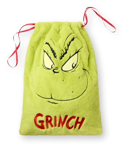 The Grinch Kordelzugbeutel | Weicher, mit Fell bestickter Mehrzweck-Weihnachtsthema-Sack | Grüne festliche Whoville-Bekleidung für animierte Charaktere | Saisonales Weihnachtsfilm-Merchandise von The Grinch