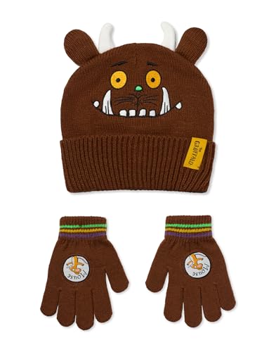 The Gruffalo Kinder-Set aus Mütze und Handschuhen | Wintermütze mit Charakter-Neuheitsgesicht für Kinder mit 3D-Ohren und Hörnern in Braun | Gestreifte Strickhandschuhe von The Gruffalo