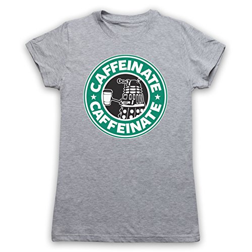 Dr Who Dalek Parody Caffeinate Damen T-Shirt, Grau, Large von The Guns Of Brixton