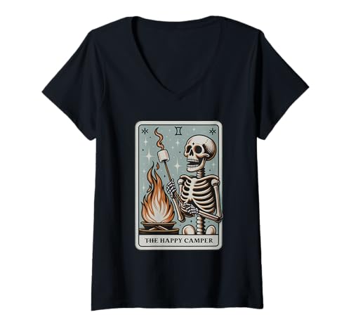 Damen The Happy Camper Tarotkarte Lagerfeuer Camping Sommerurlaub T-Shirt mit V-Ausschnitt von The Happy Camper Campfire Camping Summer Vacation