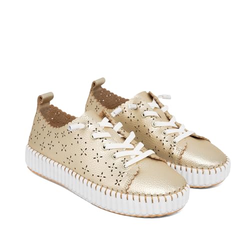 The Happy Monk Damen-Sneaker aus Leder, extra bequem, mit rutschfester Sohle, hergestellt in Spanien - Mallorca, Leder Metall Platin 006, 36 EU von The Happy Monk