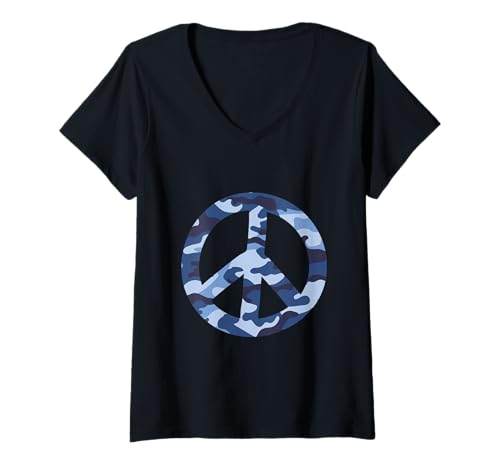 Damen Camouflage Peace Zeichen Yoga Yogi Freizeitkleidung T-Shirt mit V-Ausschnitt von The Hippie Style
