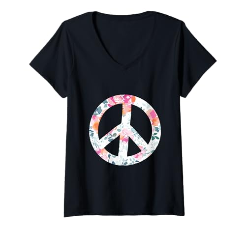 Damen Floral Peace Zeichen Yoga Yogi Freizeitkleidung T-Shirt mit V-Ausschnitt von The Hippie Style