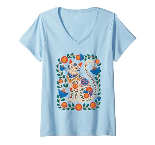Damen Katze Blumenmuster Blumen Vintage Folk Bohemian Kätzchen T-Shirt mit V-Ausschnitt Damen Katze Blumenmuster Blumen Vintage Folk Bohemian Kätzchen T-Shirt mit V-Ausschnitt von The Home Of Cat Apparel