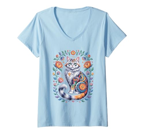 Damen Katze Blumenmuster Blumen Vintage Folk Bohemian Kätzchen T-Shirt mit V-Ausschnitt Damen Katze Blumenmuster Blumen Vintage Folk Bohemian Kätzchen T-Shirt mit V-Ausschnitt von The Home Of Cat Apparel