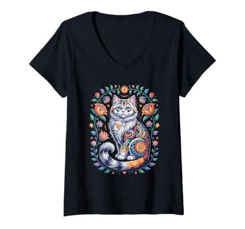 Damen Katze Blumenmuster Blumen Vintage Folk Bohemian Kätzchen T-Shirt mit V-Ausschnitt von The Home Of Cat Apparel