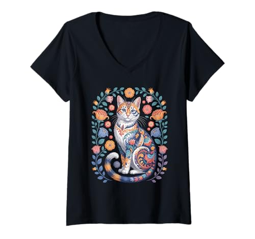 Damen Katze Blumenmuster Blumen Vintage Folk Bohemian Kätzchen T-Shirt mit V-Ausschnitt Damen Katze Blumenmuster Blumen Vintage Folk Bohemian Kätzchen T-Shirt mit V-Ausschnitt von The Home Of Cat Apparel
