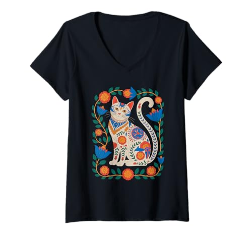 Damen Katze Blumenmuster Blumen Vintage Folk Bohemian Kätzchen T-Shirt mit V-Ausschnitt von The Home Of Cat Apparel