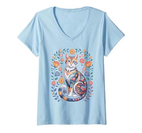 Damen Katze Blumenmuster Blumen Vintage Folk Bohemian Kätzchen T-Shirt mit V-Ausschnitt von The Home Of Cat Apparel