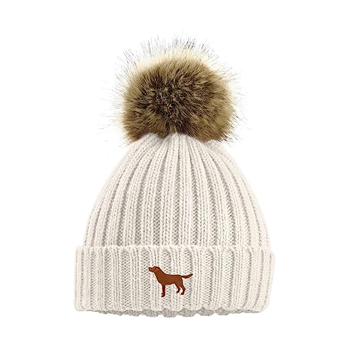 The House Of Dog Fox Red Labrador Retriever Besitzer Geschenk Kunstpelz Pom Pom Grobstrick Super Soft Unisex Bestickte Beanie Mütze, hellbeige, Einheitsgröße von The House Of Dog
