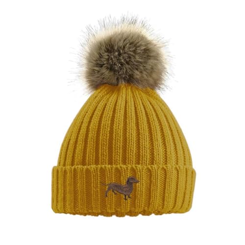 The House Of Dog: Dackel Wurst Hund Besitzer Geschenk Kunstpelz Pom Pom Grobstrick Super Weich Unisex Bestickte Beanie Mütze Senf, senffarben, Einheitsgröße von The House Of Dog