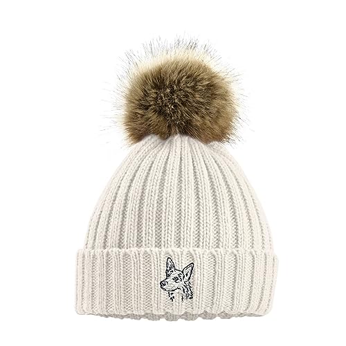 The House Of Dog: Hundebesitzer-Geschenk Deutscher Schäferhund Kunstpelz Pom Pom Grobstrick Super Weich Unisex Bestickt Beanie, hellbeige, One size von The House Of Dog