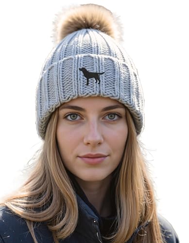 The House Of Dog: Schwarzer Labrador Retriever Besitzer Geschenk Kunstpelz Pom Pom Grobstrick Super Weich Unisex Bestickte Beanie, grau, One size von The House Of Dog