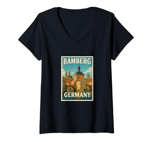 Damen Bamberg Deutschland Vintage Reise Souvenir Poster Kunst Grafik T-Shirt mit V-Ausschnitt von The Lederhosen Legends Tees Apparel and Design