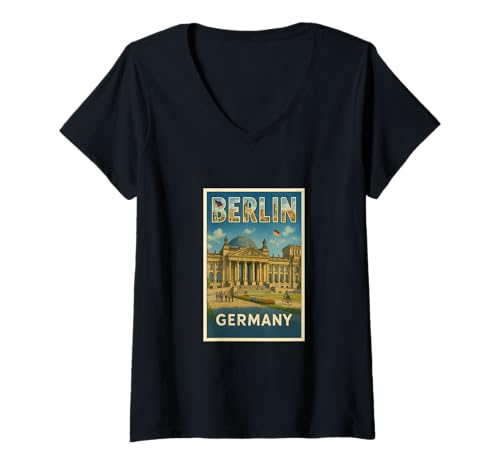 Damen Berlin City Deutschland Vintage Trip Souvenir Poster Kunst Grafik T-Shirt mit V-Ausschnitt Damen Berlin City Deutschland Vintage Trip Souvenir Poster Kunst Grafik T-Shirt mit V-Ausschnitt von The Lederhosen Legends Tees Apparel and Design